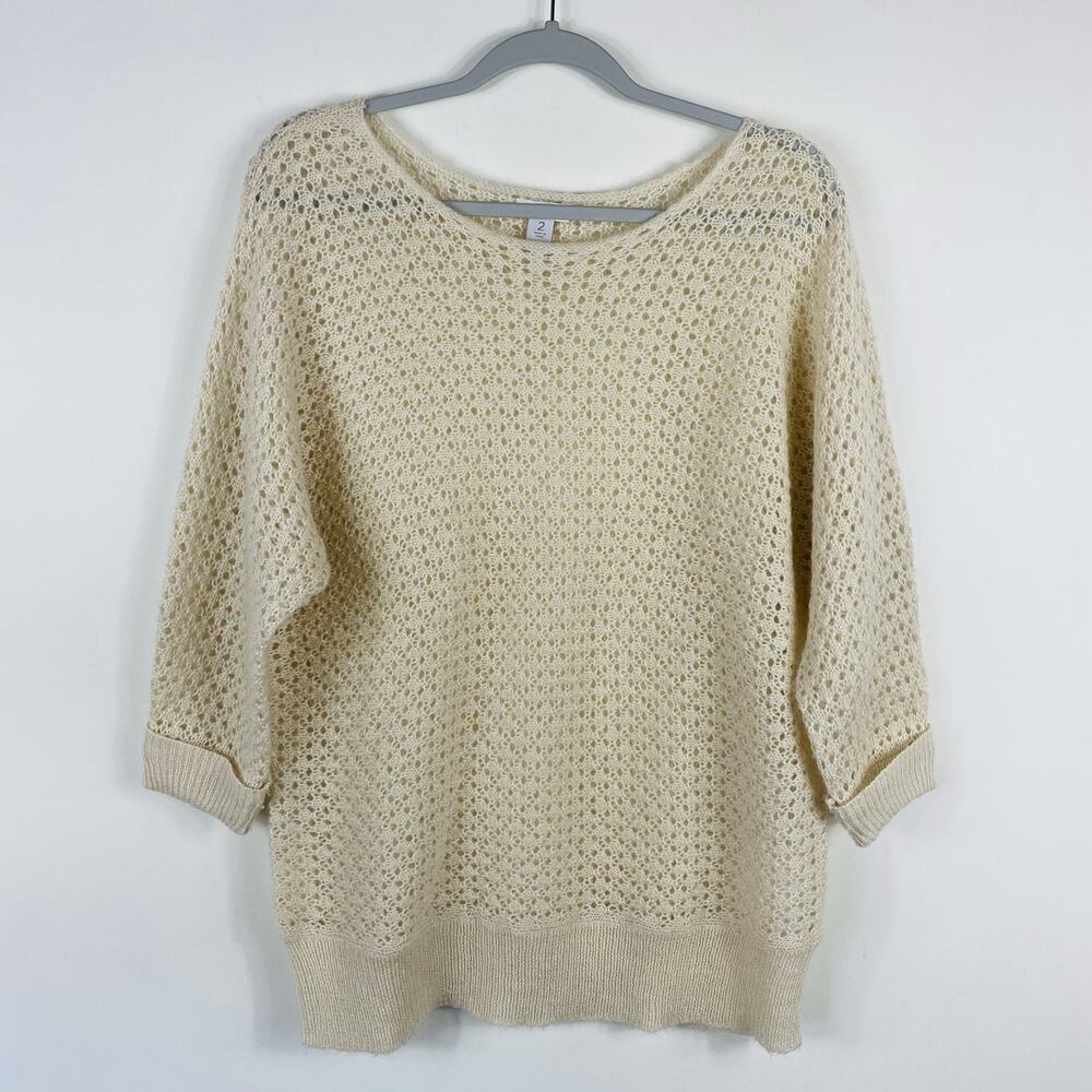 Chico's Size Large 12 2 Wool Mohair Blend Open Knit Pullover Sweater Cream
